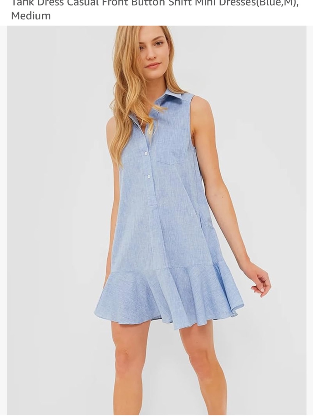 Haellun Chambray Sleeveless Swing Shirt Dress • Button Front Drop Ruffle Hem M